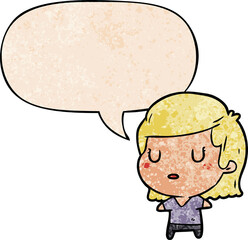 cartoon woman and speech bubble in retro texture style