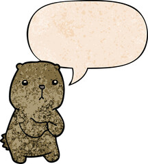 cartoon worried bear and speech bubble in retro texture style