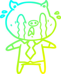 cold gradient line drawing crying pig cartoon wearing human clothes