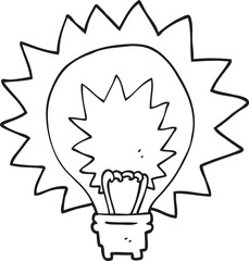 black and white cartoon light bulb shining