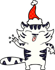 comic book style illustration of a white tiger wearing santa hat