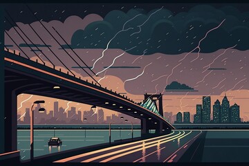 cartoon illustration, the city skyline with a bridge over the water, ai generative
