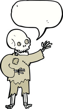 cartoon skeleton waving with speech bubble