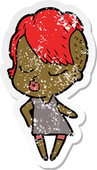 distressed sticker of a cartoon pretty hipster girl
