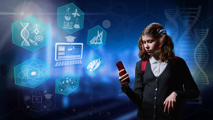 Preteen girl student using smartphone, on glowing education background