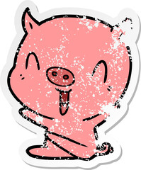 distressed sticker of a happy cartoon sitting pig