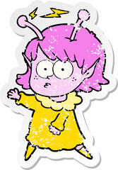 distressed sticker of a cartoon alien girl