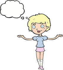 cartoon woman spreading arms with thought bubble