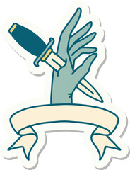 tattoo sticker with banner of a dagger in the hand