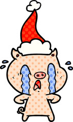 crying pig comic book style illustration of a wearing santa hat
