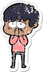distressed sticker of a cartoon exhausted boy