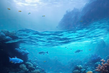 Underwater coral reef landscape with fish, generative ai, in the deep blue ocean with colorful marine life