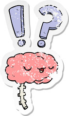 distressed sticker of a cartoon curious brain