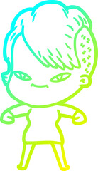 cold gradient line drawing cute cartoon girl with hipster haircut