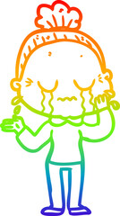 rainbow gradient line drawing cartoon crying old lady