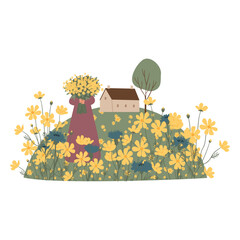 Obraz premium wildflower background clipart, woman illustration card, cottagecore country landscape print clip art, vector girl images in flat cartoon style.
