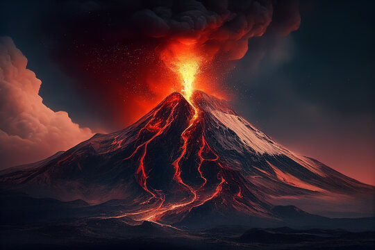 Volcanic eruptions landscape. Volcano magma at mountain Island. Volcano crater lava eruption. Lava crater with magma. Vulcanus view at night. Active Volcano with red Lava in Iceland. AI Generative