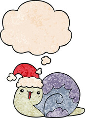 cute cartoon christmas snail and thought bubble in grunge texture pattern style