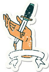 grunge sticker with banner of a dagger in the hand