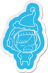 cartoon  sticker of a astronaut woman explaining wearing santa hat