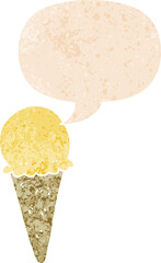 cartoon ice cream and speech bubble in retro textured style