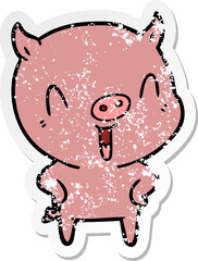 distressed sticker of a happy cartoon pig