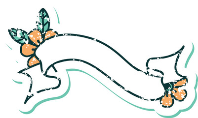 distressed sticker tattoo style icon of a banner and flowers