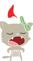 flat color illustration of a cat meowing wearing santa hat
