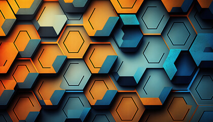 Blue and orange layered 3d abstract hexagonal background created with Generative AI technology
