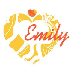 Greeting card Valentine golden color. Feminine name Emily. Author's composition in the form of a heart.