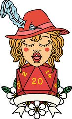 human bard character with natural 20 dice roll illustration