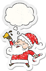 cartoon santa claus with hot cocoa and thought bubble as a distressed worn sticker