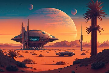 Futuristic landscape illustration science fiction another planet desert, building, flying ship. Generative AI illustration.