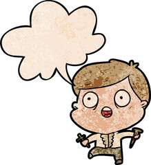 cartoon frightened man hunting halloween vampires and speech bubble in retro texture style