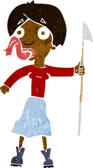 cartoon woman with spear sticking out tongue