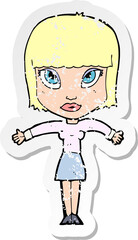 retro distressed sticker of a cartoon woman shrugging