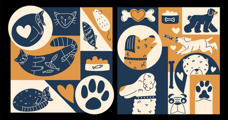Modern cards with stylish and funny animals, cats and dogs. Postcards in hand drawn style with pets. Vector illustration in flat style