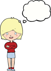 cartoon happy woman with thought bubble