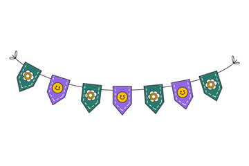 Green and purple flags for the holiday. Retro flags with daisies. Bunting for party, birthday, carnival and event. Vector illustration isolated on white background