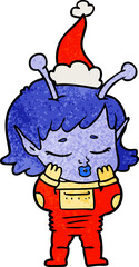 textured cartoon of a alien girl wearing santa hat