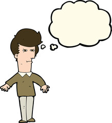 cartoon suspicious man with thought bubble