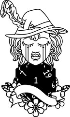 crying orc bard character with natural one D20 roll illustration