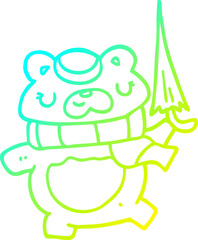 cold gradient line drawing cartoon bear with umbrella