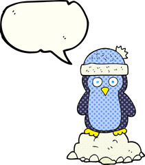 comic book speech bubble cartoon penguin wearing hat
