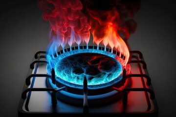 image, gas stove with blue and red flame, ai generative