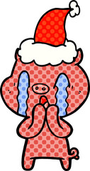 crying pig comic book style illustration of a wearing santa hat