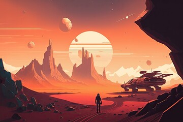 Fototapeta na wymiar Futuristic landscape illustration science fiction another planet desert, building, flying ship. Generative AI illustration.