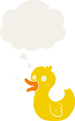 cartoon quacking duck and thought bubble in retro style