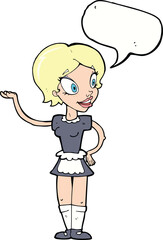 cartoon woman in maid costume with speech bubble