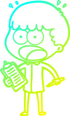 cold gradient line drawing cartoon shocked man with clipboard and pen